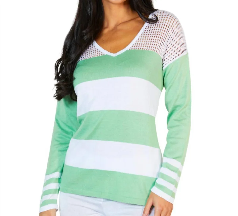 Crochet V-Neck Sweater In White/green Anti-Pilling Anti-Shrink Durable