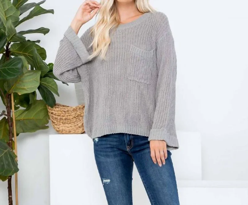 Breezy Days Sweater With Pocket And Cuffed Bell Sleeves In Grey Ribbed Striped Patterned Breezy Days Sweater With Pocket And Cuffed Bell Sleeves In Grey Ribbed Striped Patterned