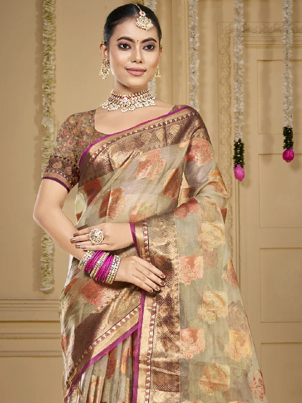 Women Grey Organza Saree With Un Stitched Blouse Frilled Cuff Blouse