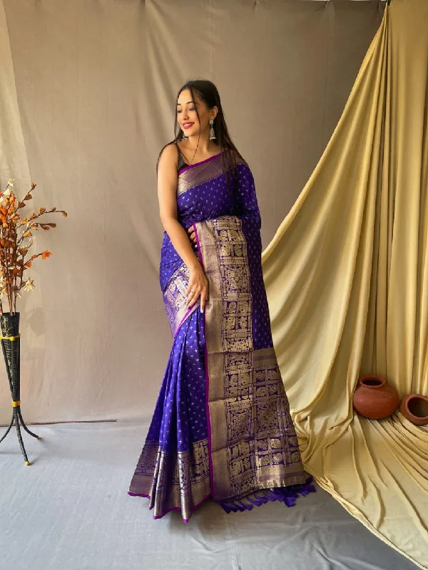 Women Violet Soft Silk Weaving Work Saree With Un-Stiched Blouse Frilled Cuff Blouse Women Violet Soft Silk Weaving Work Saree With Un-Stiched Blouse Frilled Cuff Blouse