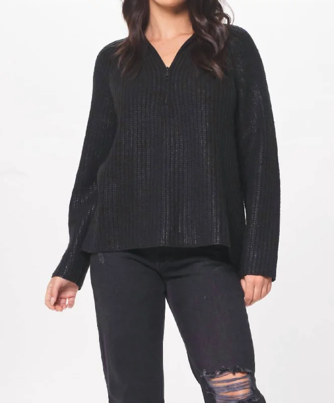 Coated Quarter Zip Sweater In Black Handmade Hand-knitted Hand-woven