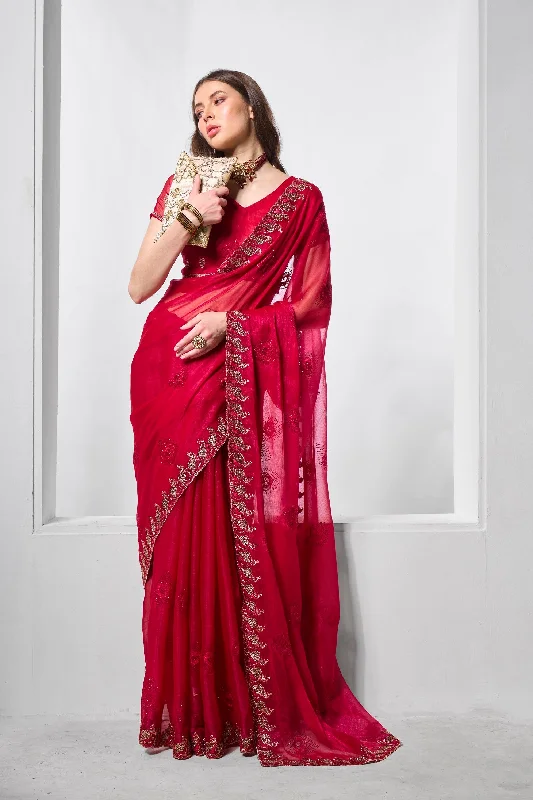 Women Party Wear Heavy Embroidery Worked Shimmer Chiffon Silk Saree with Un Stitched Blouse Peter Pan Blouse