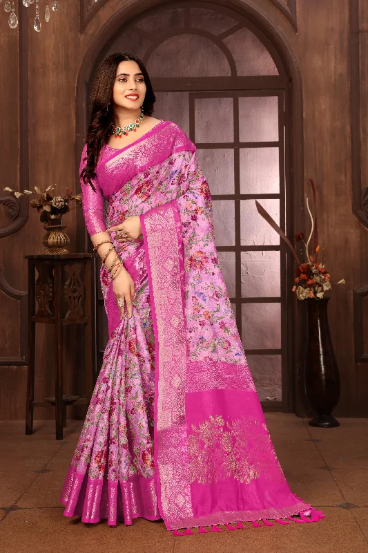Women Party Wear Printed and Jari Weaving Jeaquard Silk Saree with Un Stitched Blouse Lightweight Floral Blouse Women Party Wear Printed and Jari Weaving Jeaquard Silk Saree with Un Stitched Blouse Lightweight Floral Blouse