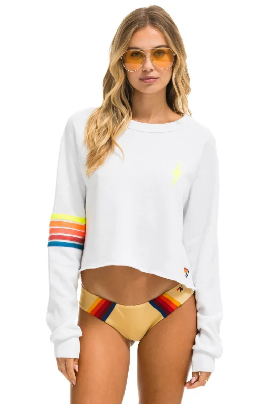 BOLT RUGBY STITCH CROPPED CREW SWEATSHIRT - WHITE // NEON RAINBOW Hoodie with Monochrome Minimalist Simple