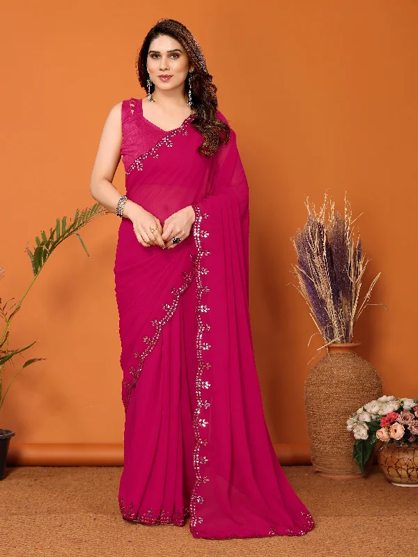 Women Pink Georgette Plain Saree With Un-Stiched Blouse Chic Square Blouse