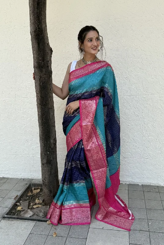 Women Party Wear Foil Chex Printed Dhola Silk Saree with Un Stitched Blouse Pastel Color Blouse