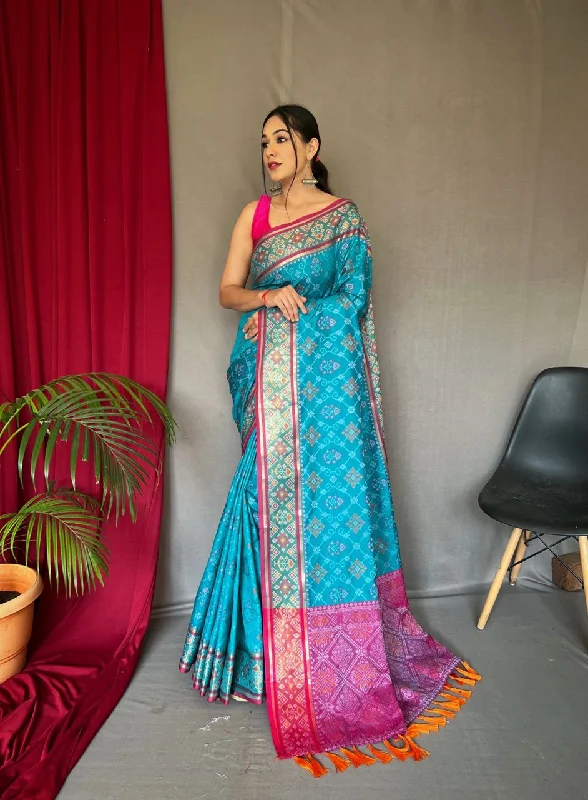 Women Sky Pure Patola Silk Weaving Work Saree With Un-Stiched Blouse Oversized Silk Blouse Women Sky Pure Patola Silk Weaving Work Saree With Un-Stiched Blouse Oversized Silk Blouse