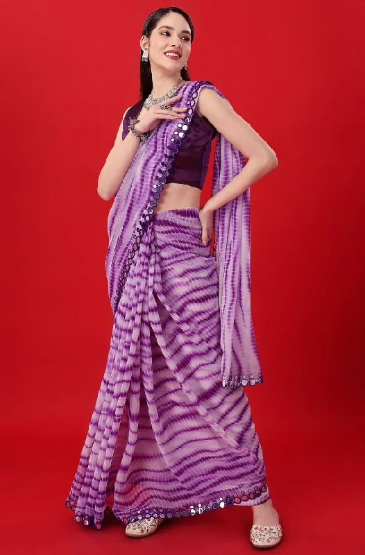 Women Purple Georgette Printed Saree With Un-Stiched Blouse Frilled Cuff Blouse