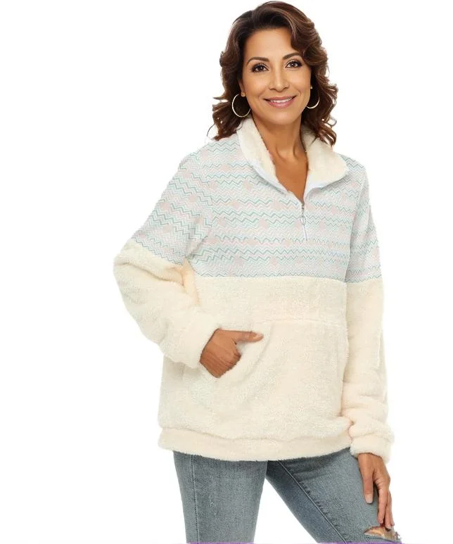 Easy Days Color Block Womens Borg Fleece Sweatshirt With Half Zip Hoodie with Set-In Sleeves Structured Classic