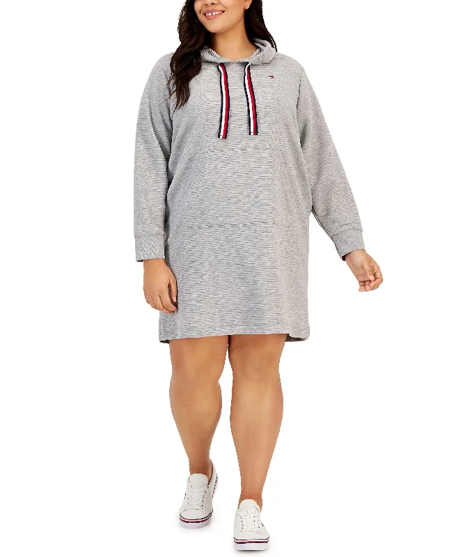 Plus Size Ottoman Hoodie Dress Hoodie with Button Placket Classic Preppy