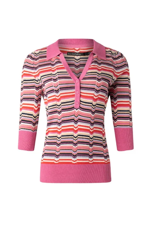Women's V Neck Polo With Contrast Rib Sweater In Pink Multi Seamless Knitted Crochet