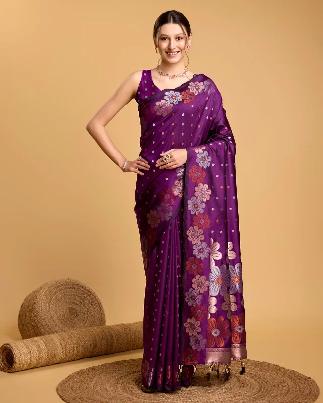 Women Purple Pure Jacquard Weaving Work Saree With Un-Stiched Blouse Elegant Semi-Sheer Blouse Women Purple Pure Jacquard Weaving Work Saree With Un-Stiched Blouse Elegant Semi-Sheer Blouse
