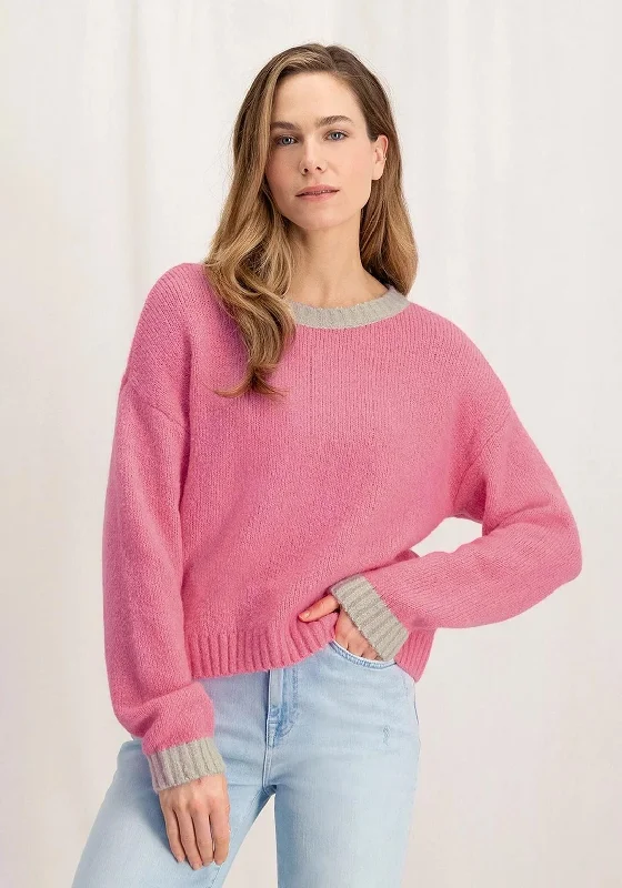 YAYA Contrast Trim Round Neck Sweater, Morning Glory Pink Plaid Sweater Polka Dot Checkered