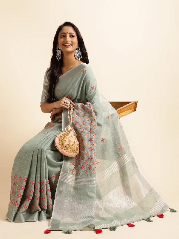 Women Party Wear Embroidery Worked Pure Cotton Linen Silk Saree with Un Stitched Blouse Pleated Collar Blouse