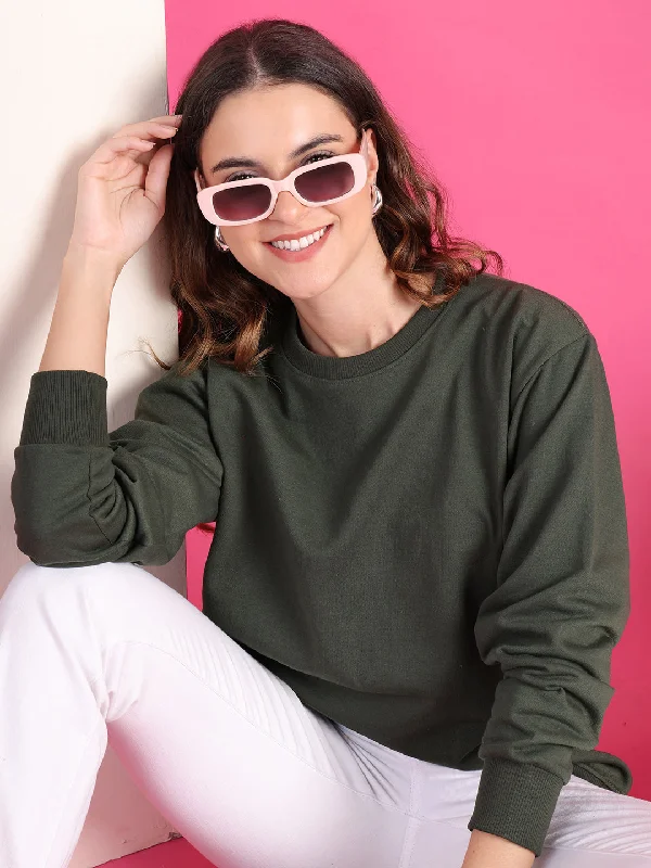 VimaL Jonney Regular Fit Green Solid Sweatshirt For Women Hoodie with Batwing Sleeves Loose Dramatic