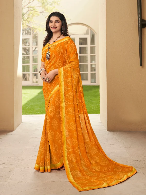 Women Orange Georgette  Printed Saree With Un-Stiched Blouse Balloon Sleeve Blouse