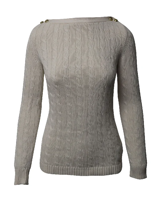 Lauren Ralph Lauren Cableknit Sweater in Cream Cotton Ribbed Striped Patterned