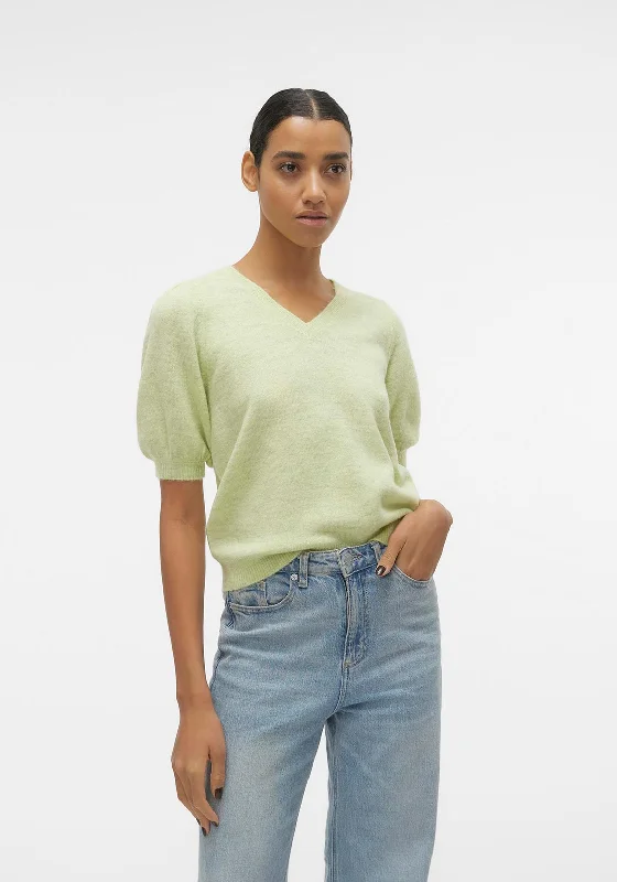 Vero Moda Elly V-Neck Puff Sleeve Knitted Sweater, Reed Green Plaid Sweater Polka Dot Checkered Vero Moda Elly V-Neck Puff Sleeve Knitted Sweater, Reed Green Plaid Sweater Polka Dot Checkered