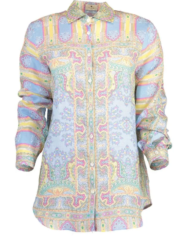 Light Blue Button Down Printed Blouse Elegant Peplum Blouse