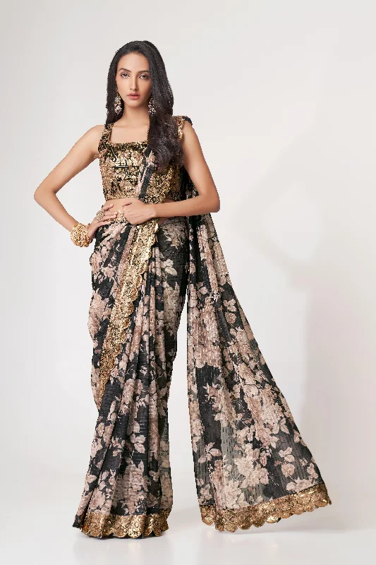 Women Black Organza Sequins Embroidery Work With Digital Print Saree With Un-Stiched Blouse Smart Business Blouse Women Black Organza Sequins Embroidery Work With Digital Print Saree With Un-Stiched Blouse Smart Business Blouse
