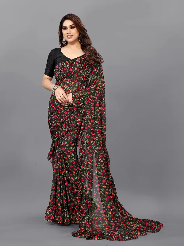 Women Black Georgette Printed Saree With Un-Stiched Blouse Oversized Silk Blouse