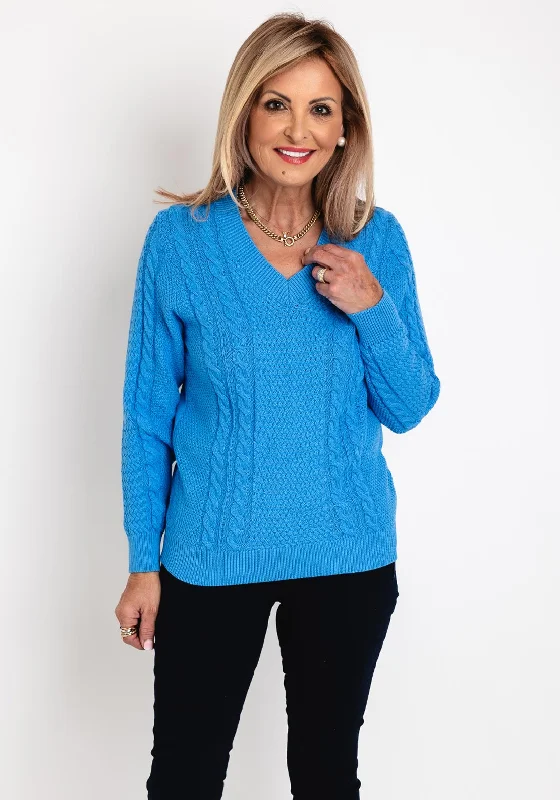 Micha V-Neck Cable Knit Sweater, Azure Blue Boat Neck Shawl Collar Notched Collar