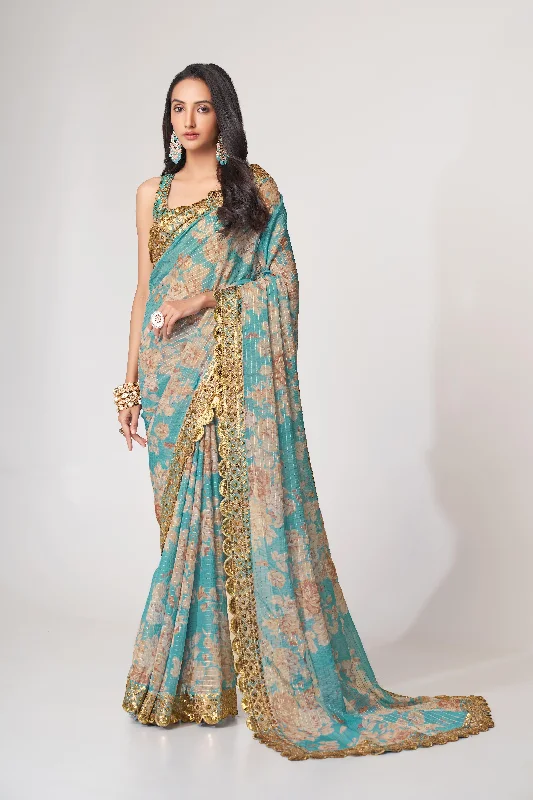 Women Sky Blue Organza Sequins Embroidery Work With Digital Print Saree With Un-Stiched Blouse Backless Summer Blouse Women Sky Blue Organza Sequins Embroidery Work With Digital Print Saree With Un-Stiched Blouse Backless Summer Blouse