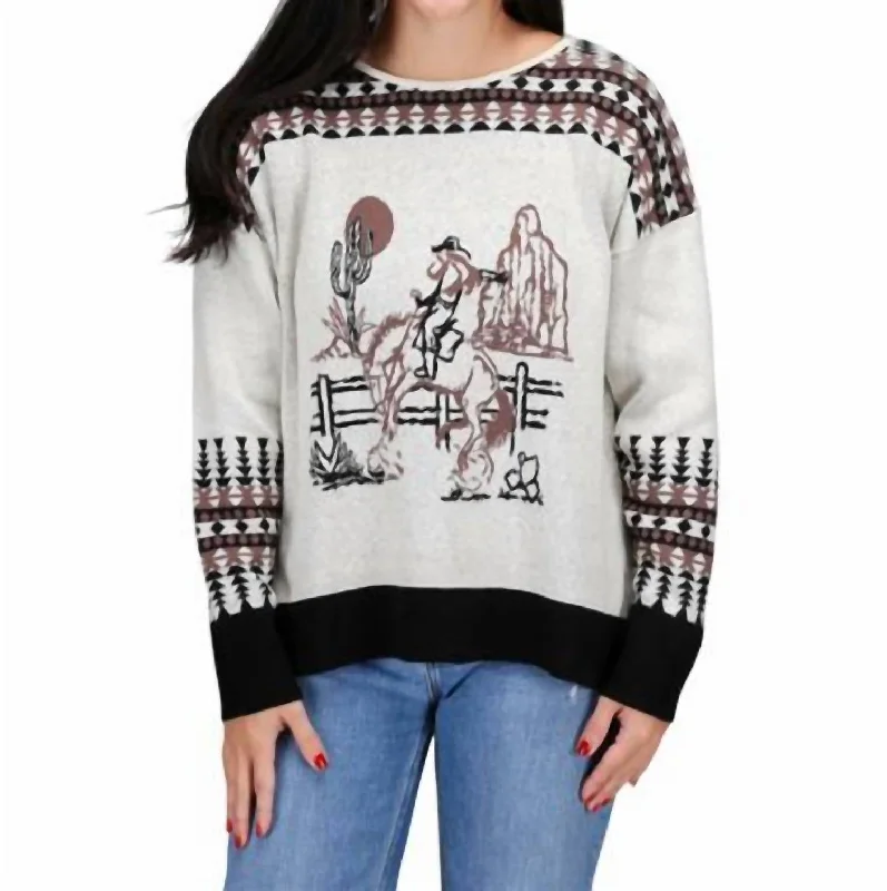 Maisy Vintage Cowgirl Sweater In Ivory/black Satin Blend Silk Blend Wool Blend