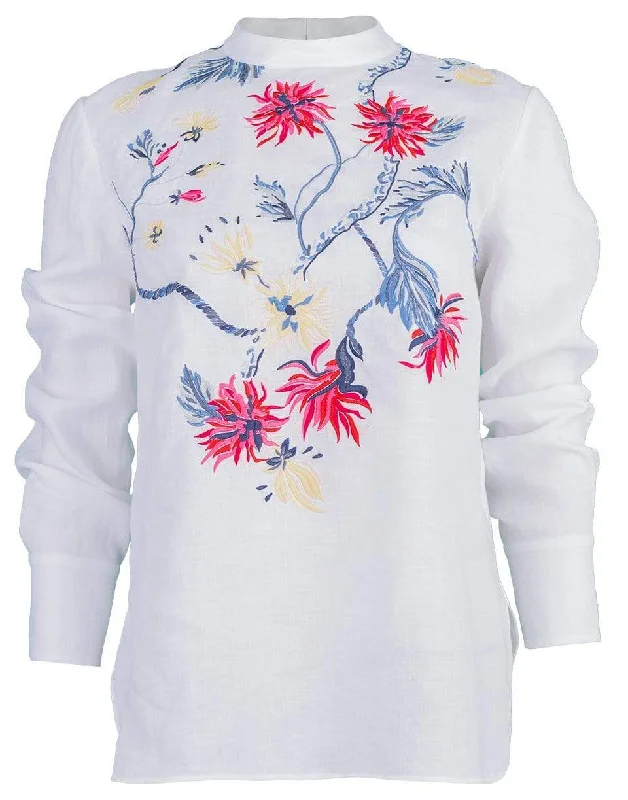 Embroidered Long Sleeve Blouse Feminine Ruffle Blouse