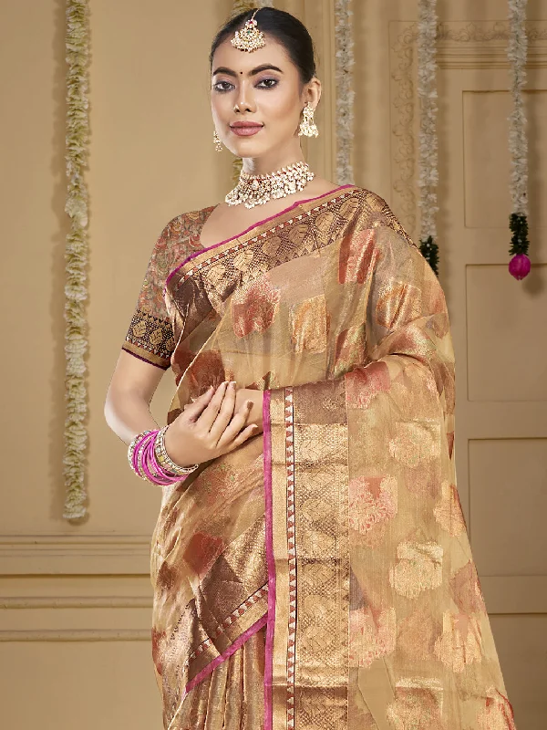 Women Brown Organza Saree With Un Stitched Blouse Embellished Collar Blouse