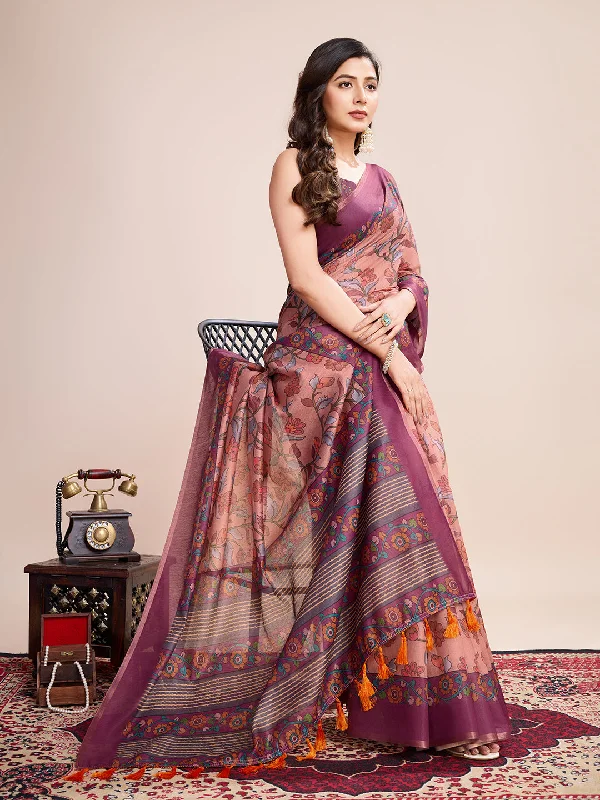 Women Party Wear Flower Printed Semi Linen Saree with Un Stitched Blouse Sheer Sleeve Blouse