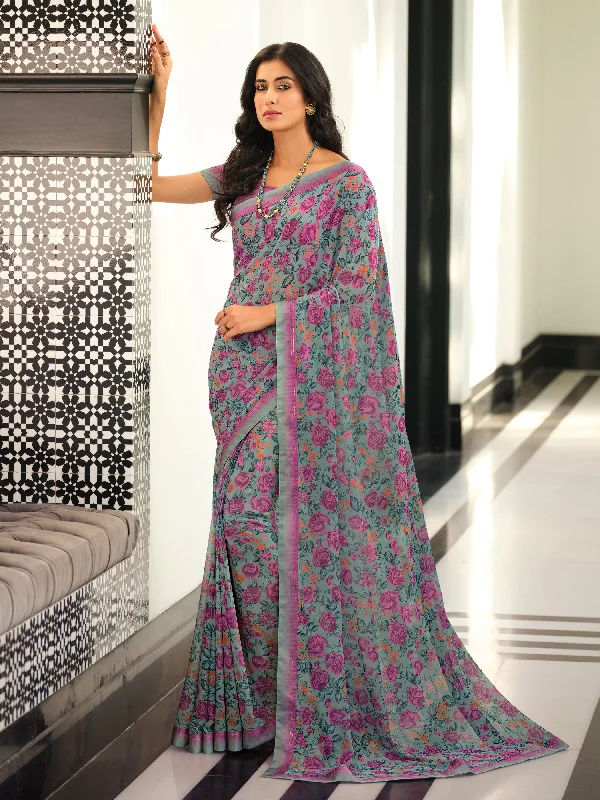 Women Grey  Georgette  Printed Saree With Un-Stiched Blouse Feminine Pastel Blouse