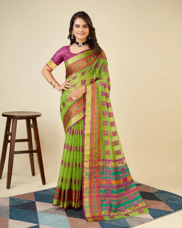 Women Yellowgreen Kota Doriya Soft Silk Weaving Work Saree With Un-Stiched Blouse Classic Striped Blouse Women Yellowgreen Kota Doriya Soft Silk Weaving Work Saree With Un-Stiched Blouse Classic Striped Blouse