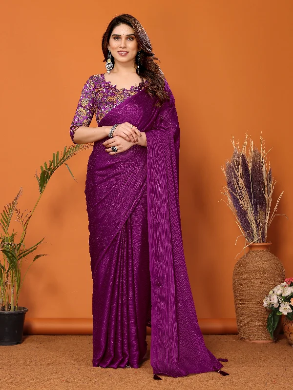 Women Magenta Polyester Zari Plain Saree With Un-Stiched Blouse Slim Fit Blouse