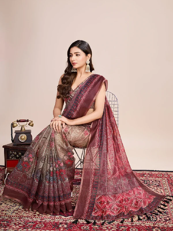 Women Party Wear Flower Printed Semi Linen Saree with Un Stitched Blouse Ruched Sleeve Blouse