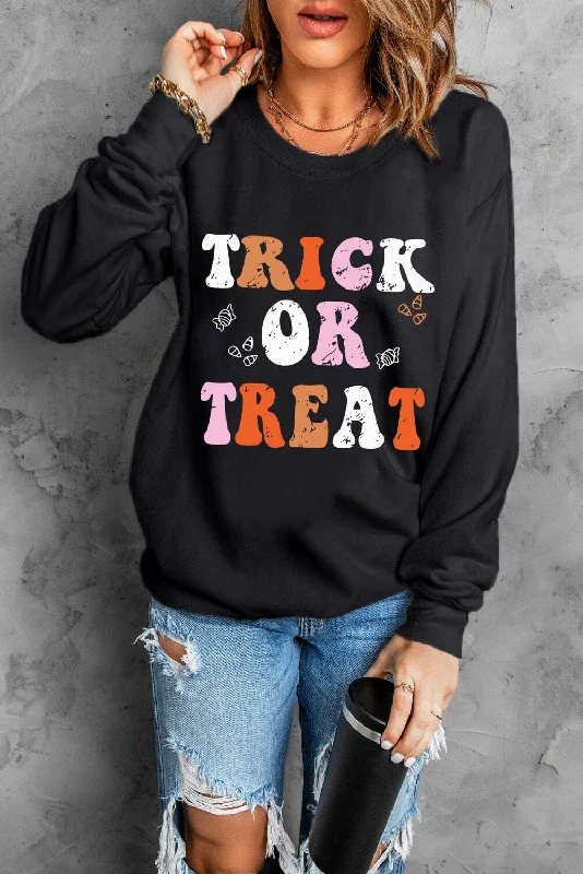 Trick or Treat Women's Graphic Long Sleeve Sweatshirt Hoodie with Mock Neck Collared Structured