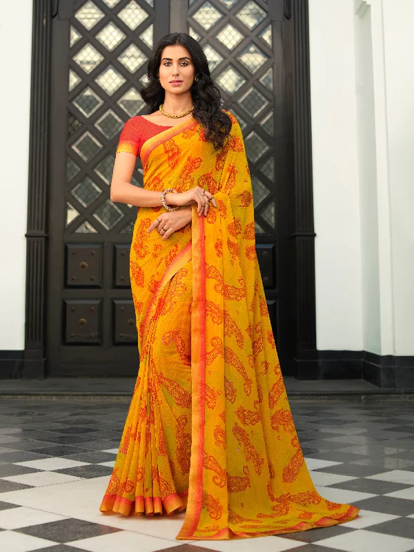 Women Yellow Georgette  Printed Saree With Un-Stiched Blouse Feminine Ruffle Blouse