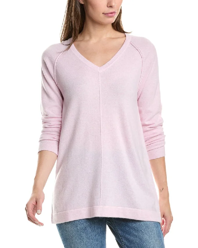 Forte Cashmere Easy Raglan V-Neck Cashmere Sweater Print Jacquard Patchwork