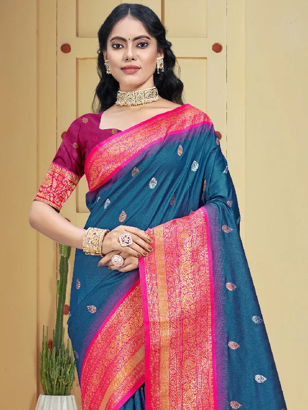 Women Blue Silk Saree With Un Stitched Blouse Classic White Blouse