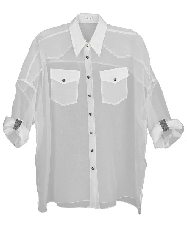 Monili Tab Cuff Detail Silk Organza Blouse Romantic Lace Blouse