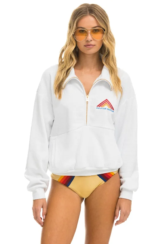 MOUNTAIN EMBROIDERY HALF ZIP SWEATSHIRT - WHITE Hoodie with Velcro Closure Adjustable Secure