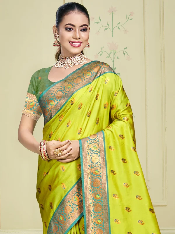 Women Parrot Green Silk Saree With Un Stitched Blouse Vintage Polka Blouse