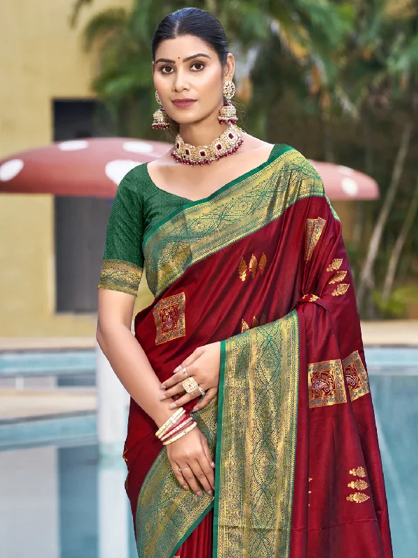 Women Maroon Silk Saree With Un Stitched Blouse Feminine Ruffle Blouse