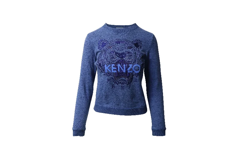 Kenzo Tiger Embroidered Sweater in Blue Cotton Turtle Neck Boat Neck Asymmetrical Neck