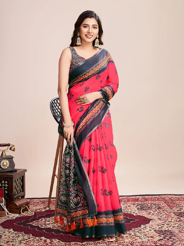 Women Party Wear Flower Printed Semi Linen Saree with Un Stitched Blouse Short Sleeve Blouse