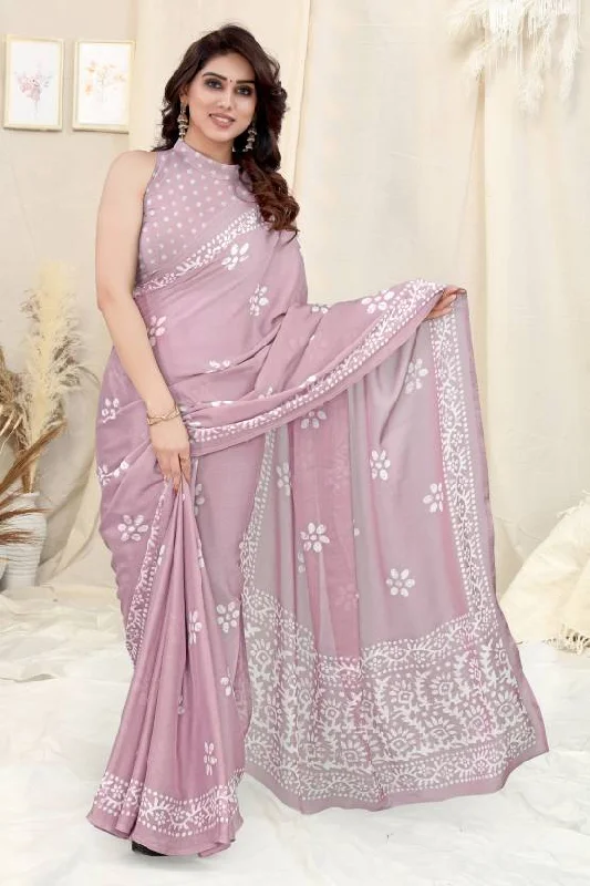 Women Pink Chinon Shiffon Printed Saree With Un-Stiched Blouse Floral Print Blouse