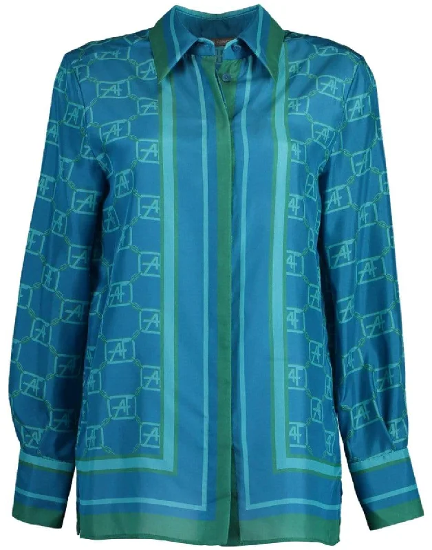 Fantasy Blue AF Silk Printed Blouse Oversized Silk Blouse