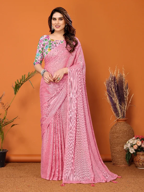 Women Rose Polyester Zari Plain Saree With Un-Stiched Blouse Bell Sleeve Blouse
