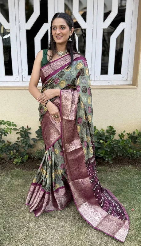 Women Party Wear Printed Dhola Silk Saree with Un Stitched Blouse Double Button Blouse