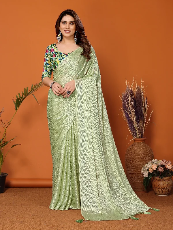 Women Pista Polyester Zari Plain Saree With Un-Stiched Blouse Wrap Front Blouse